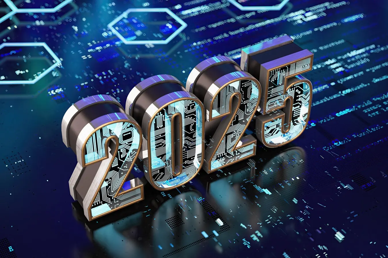 Metallic 2025 numerals on a circuit board background representing emerging cyber threats in 2025